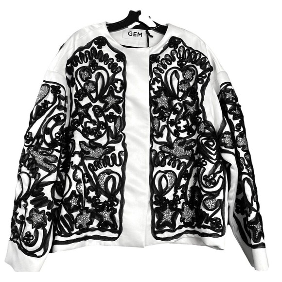 Gem Blazer Top White w Black Sheer Ribbon & Sequins Sz 14 Long Sleeve Snap Close - Picture 1 of 12